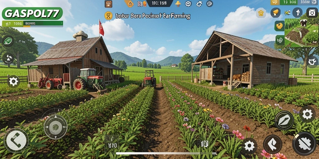 Screenshot GASPOL77 dengan tampilan ladang yang subur dan hewan ternak.