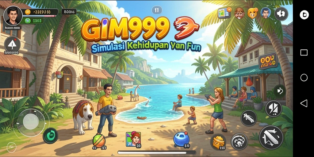 Screenshot utama GIM999 menunjukkan gameplay simulasi kehidupan yang interaktif.