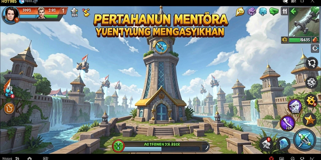Screenshot HOT985 menunjukkan tindakan seru di permainan Tower Defense.