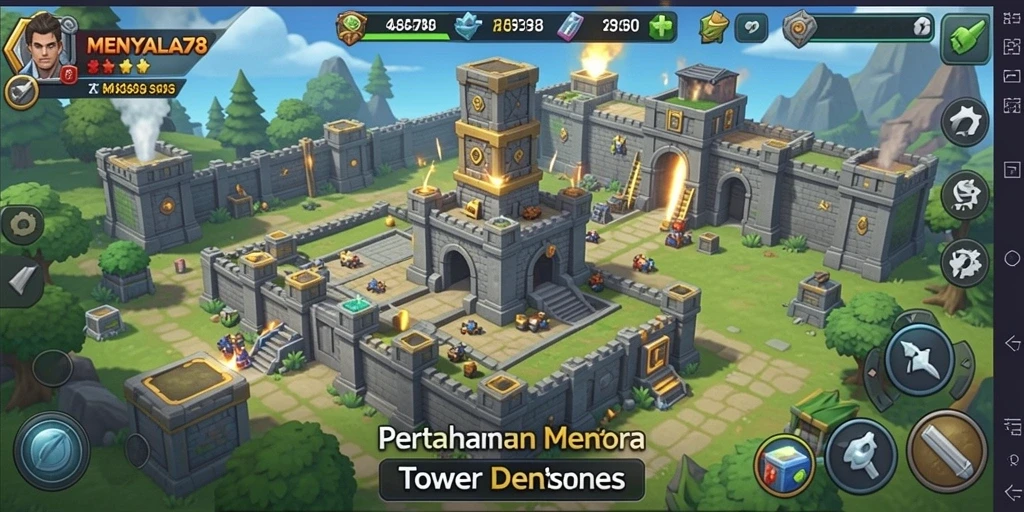 Tampilan gameplay MENYALA78 dengan menara strategis dan serangan musuh.