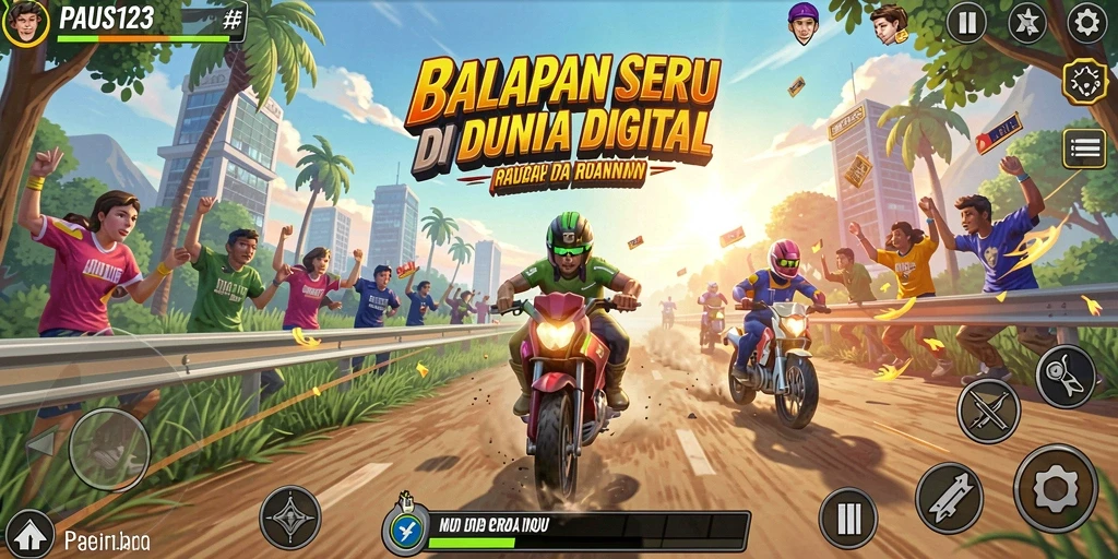 Tangkapan layar gameplay PAUS123 menampilkan aksi balapan yang mendebarkan dan trek yang menantang.
