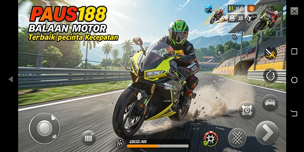 Screenshot gameplay PAUS188 menampilkan aksi balapan motor yang intens.