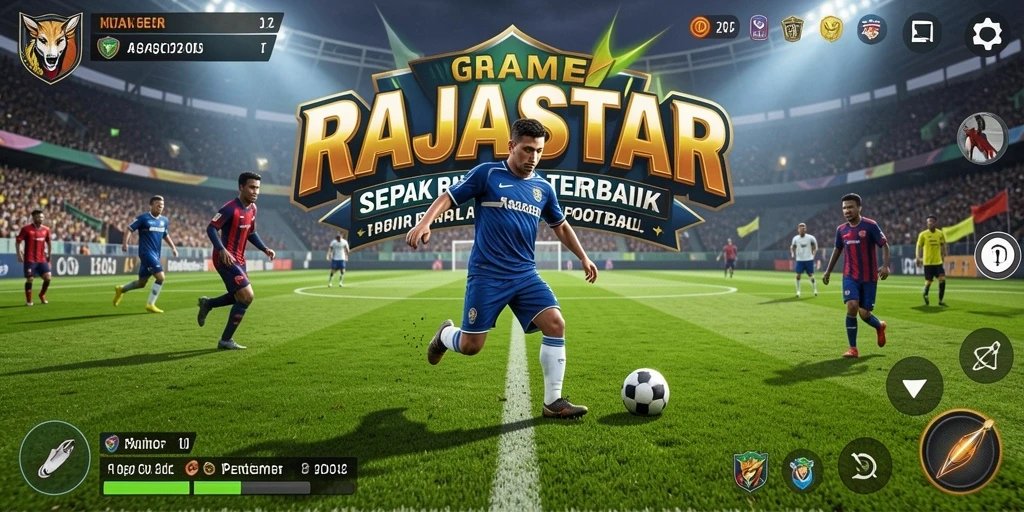 Tangkapan layar gameplay <strong>RAJASTAR</strong> menampilkan aksi seru di lapangan sepak bola.