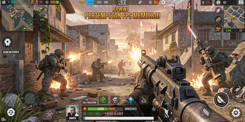 Tampilan gameplay RPWIN1 dengan aksi tembak-menembak intens.