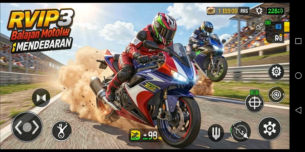 Tampilan gameplay RVIP3 menampilkan aksi balapan motor yang mendebarkan.