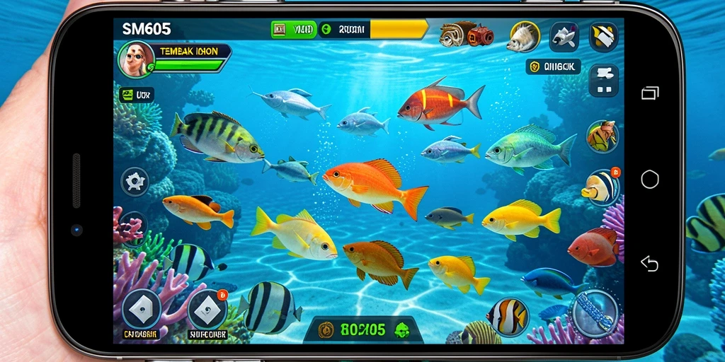Screenshot gameplay SM605 menampilkan aksi seru menembak ikan.