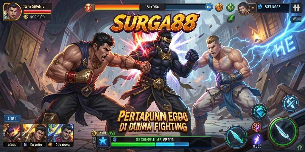 Tampilan gameplay SURGA88 dengan pertarungan intens antar karakter.