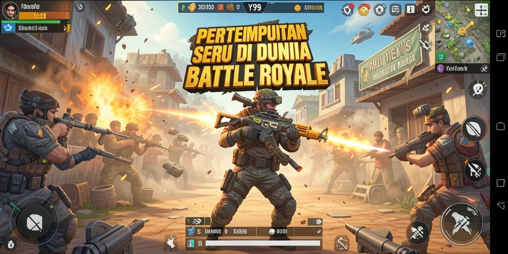 Screenshot gameplay Y89 menampilkan pertempuran seru di arena Battle Royale.